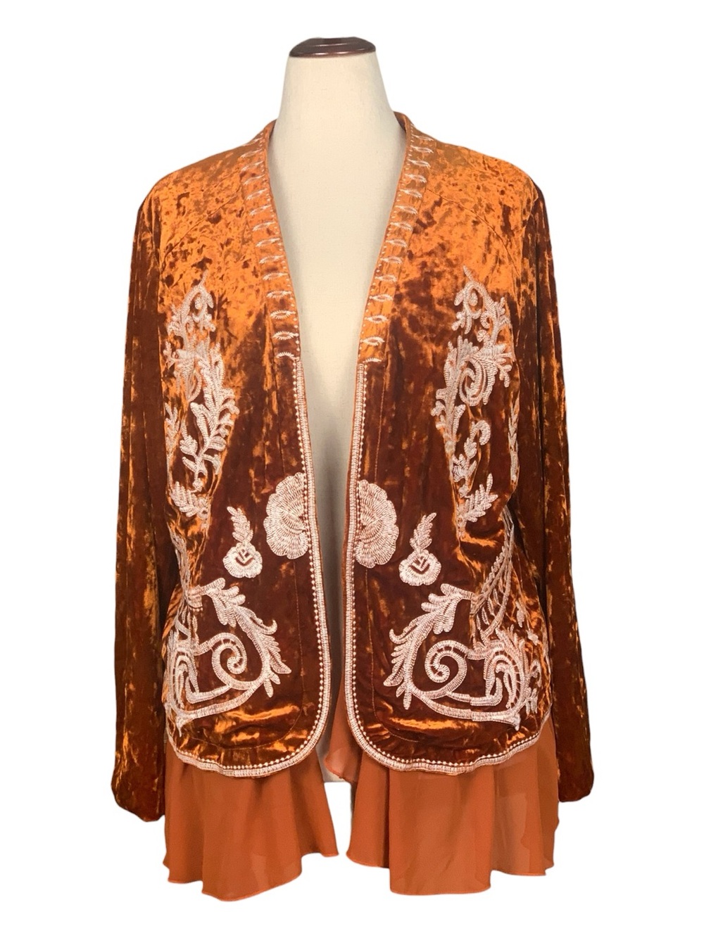 Midnight Velvets Rust Orange Velour Cream Embroidered Open Cardigan Jacket Sz 1X